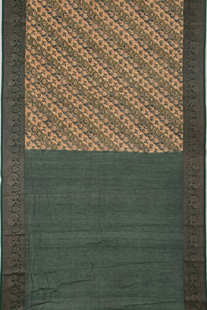 Chanderi Cotton Printed Green And Cream Saree