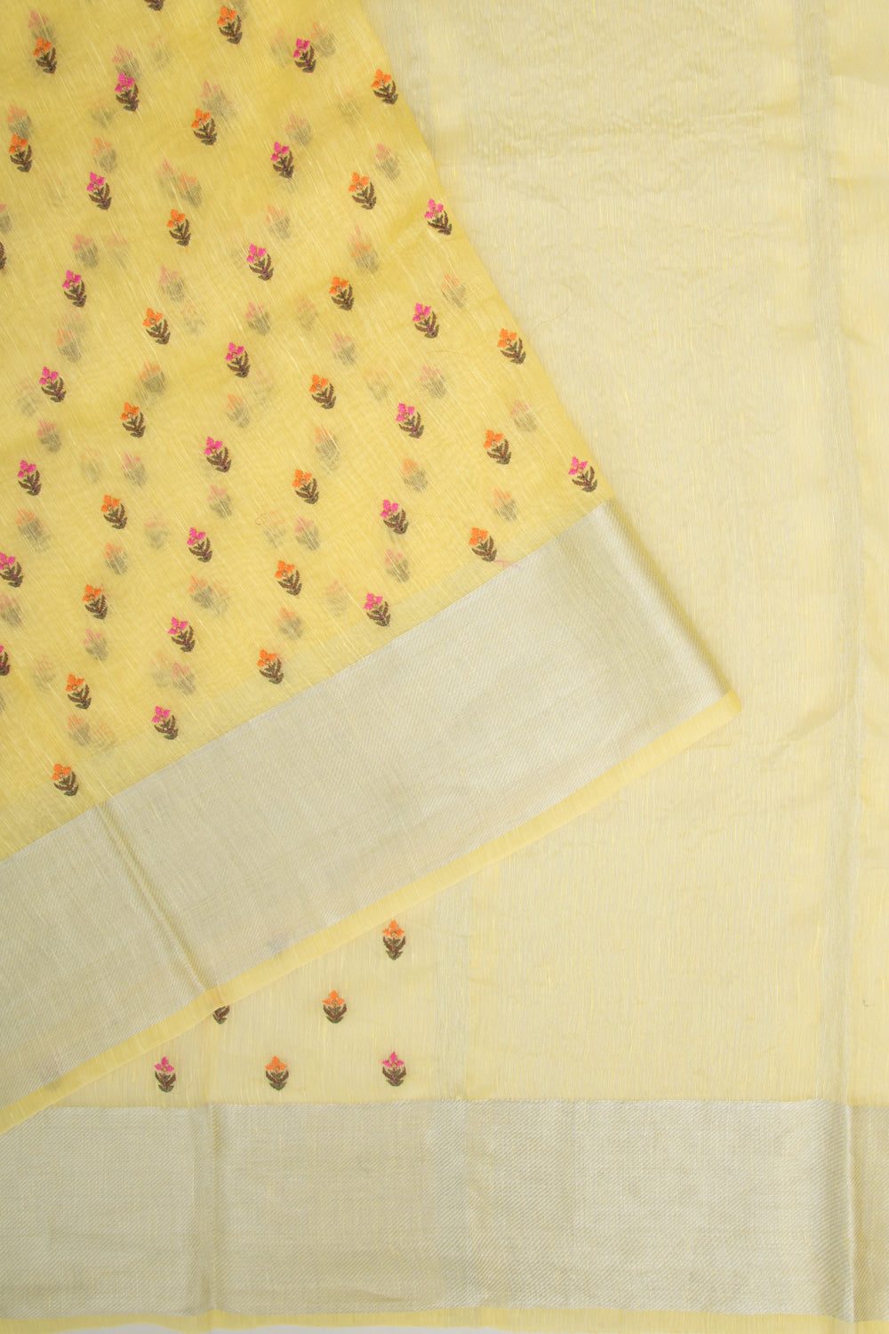 Linen Floral Embroidery Yellow Saree