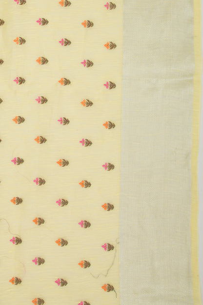 Linen Floral Embroidery Yellow Saree