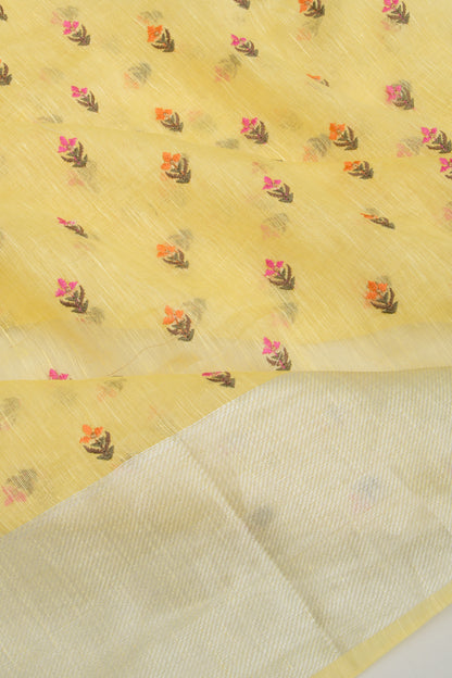 Linen Floral Embroidery Yellow Saree