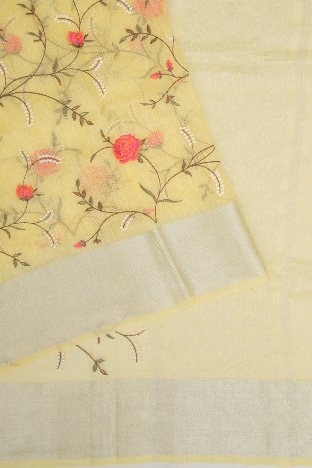 Linen Floral Embroidery Yellow Saree