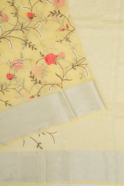 Linen Floral Embroidery Yellow Saree