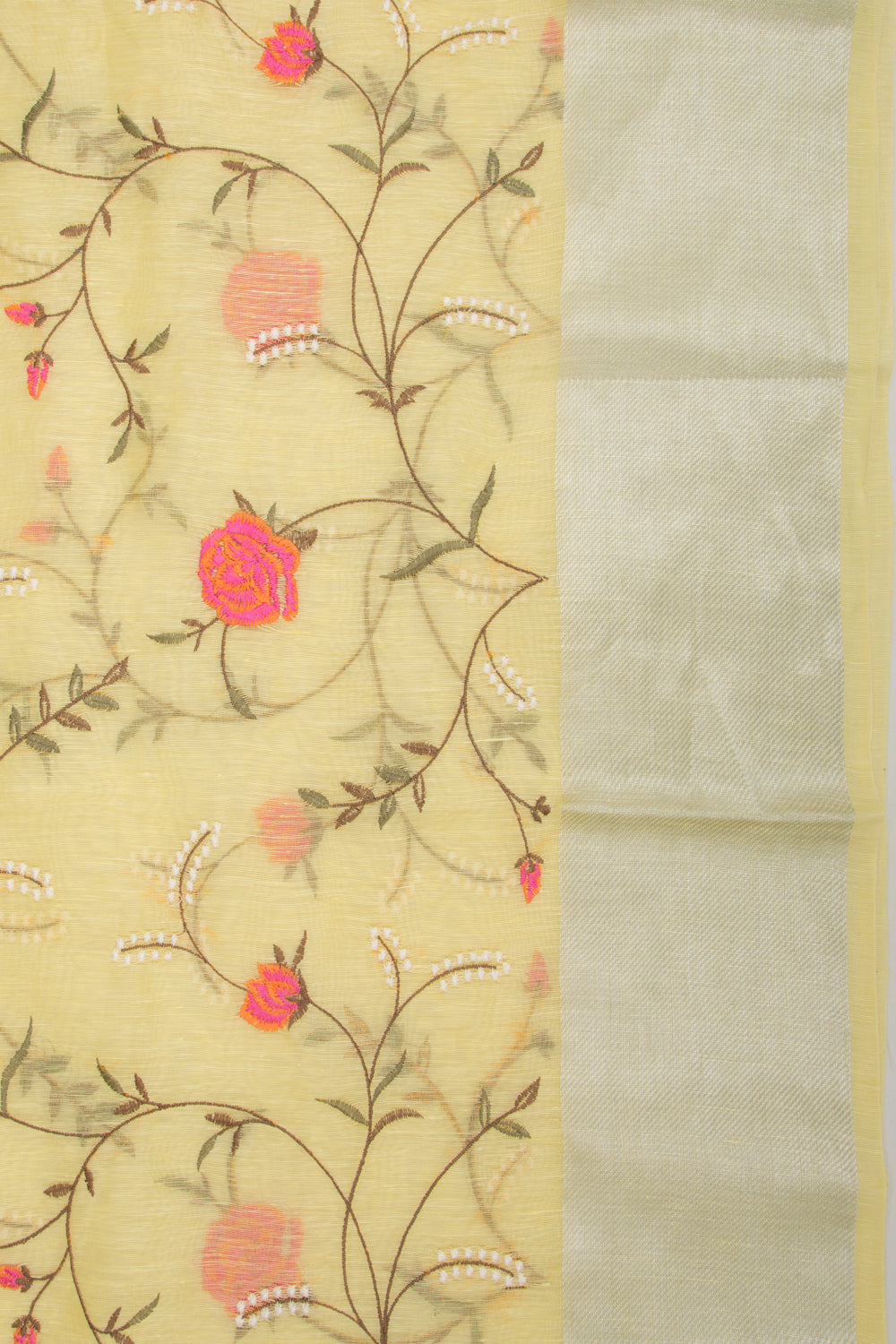Linen Floral Embroidery Yellow Saree