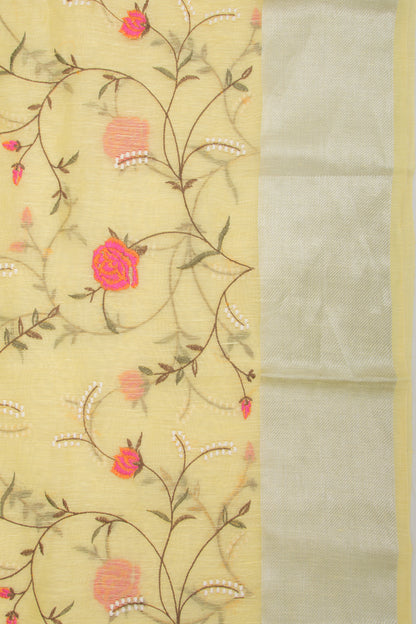 Linen Floral Embroidery Yellow Saree