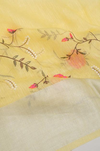 Linen Floral Embroidery Yellow Saree