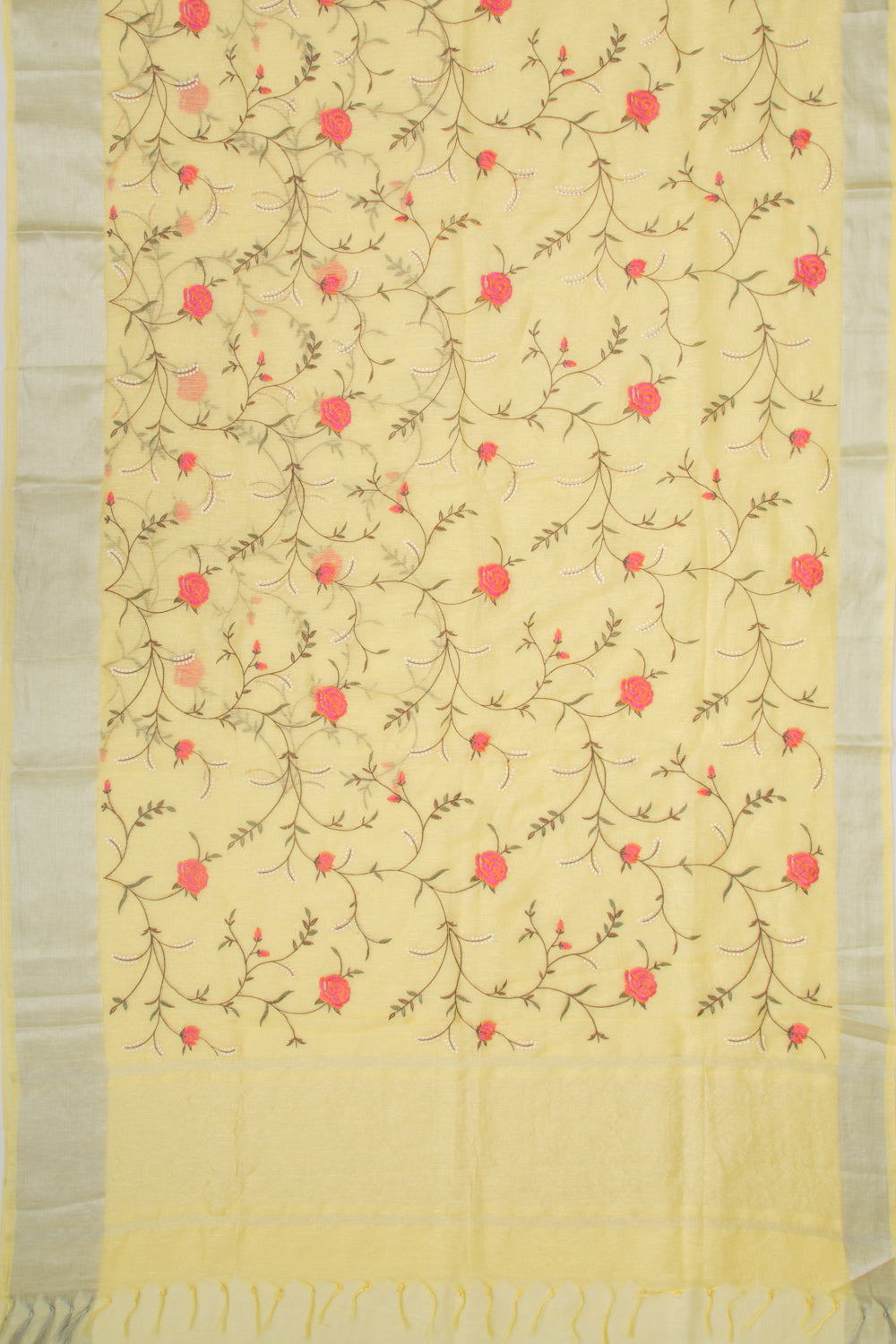 Linen Floral Embroidery Yellow Saree