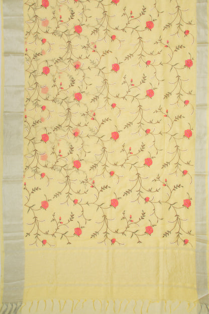 Linen Floral Embroidery Yellow Saree