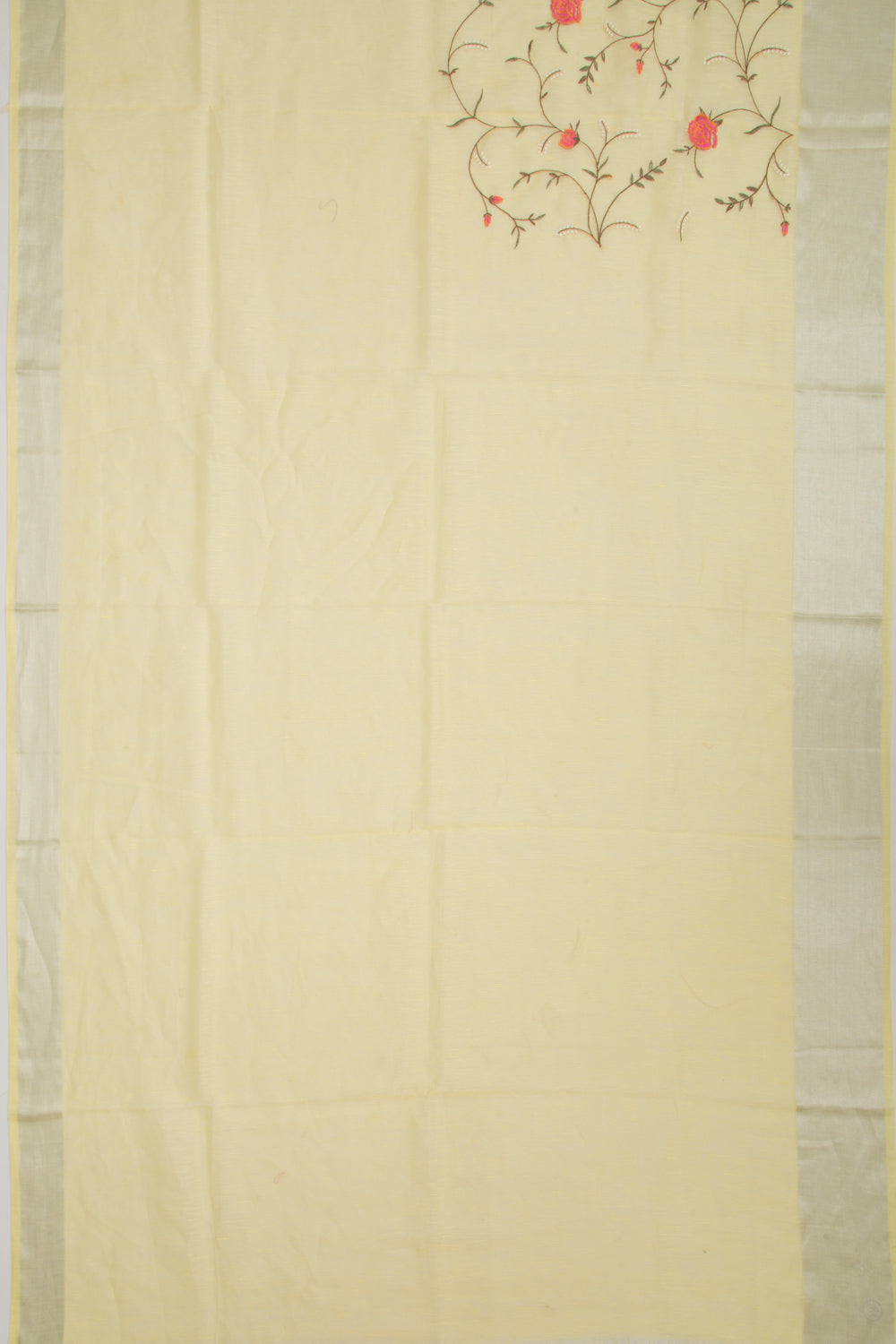 Linen Floral Embroidery Yellow Saree