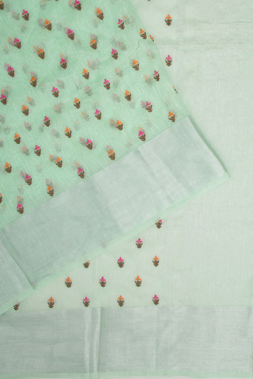 Linen Floral Embroidery Pastel Green Saree