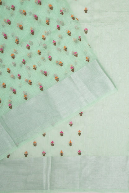 Linen Floral Embroidery Pastel Green Saree
