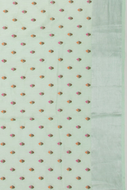 Linen Floral Embroidery Pastel Green Saree