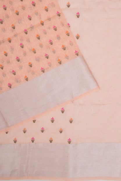 Linen Floral Embroidery Pastel Orange Saree
