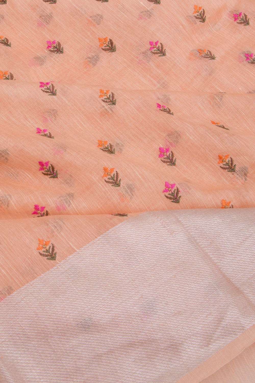 Linen Floral Embroidery Pastel Orange Saree