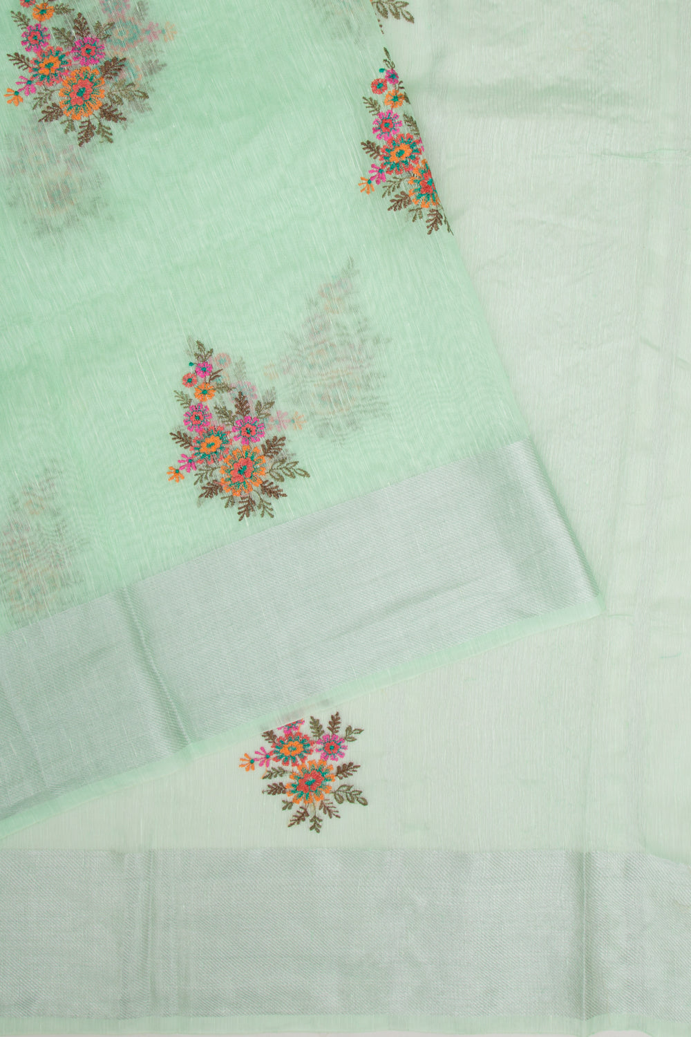 Linen Floral Embroidery Green Saree