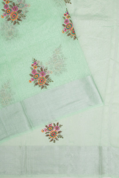 Linen Floral Embroidery Green Saree