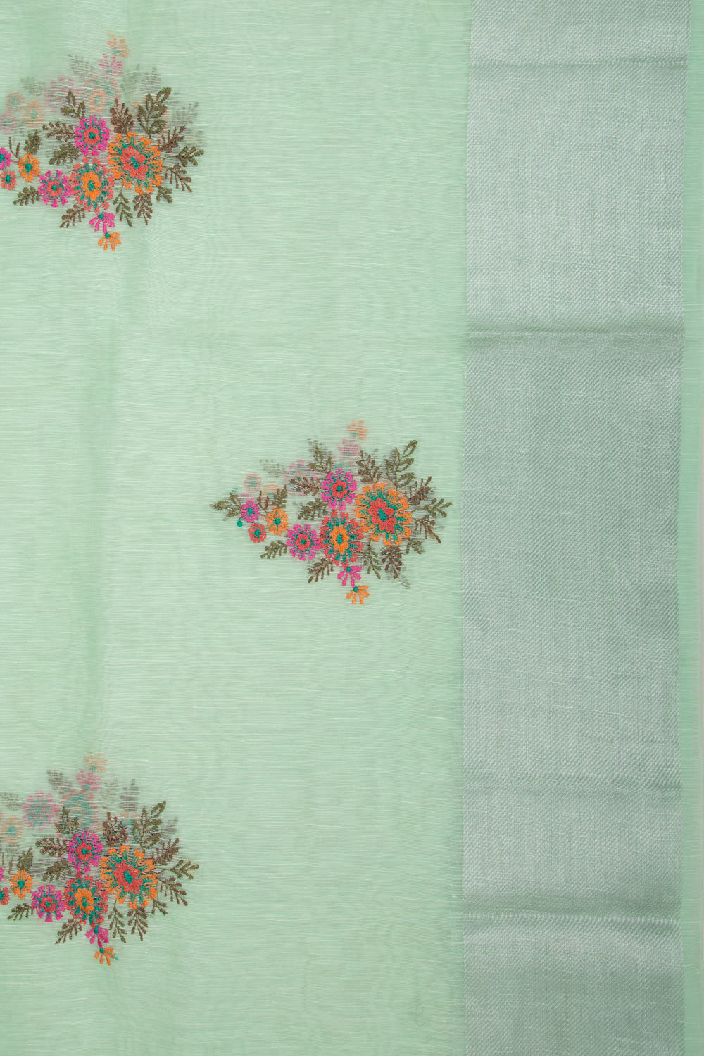 Linen Floral Embroidery Green Saree