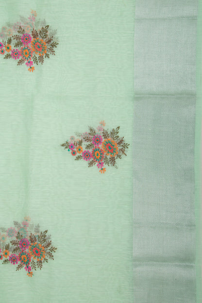Linen Floral Embroidery Green Saree