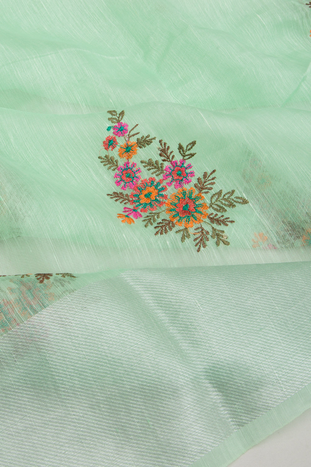 Linen Floral Embroidery Green Saree