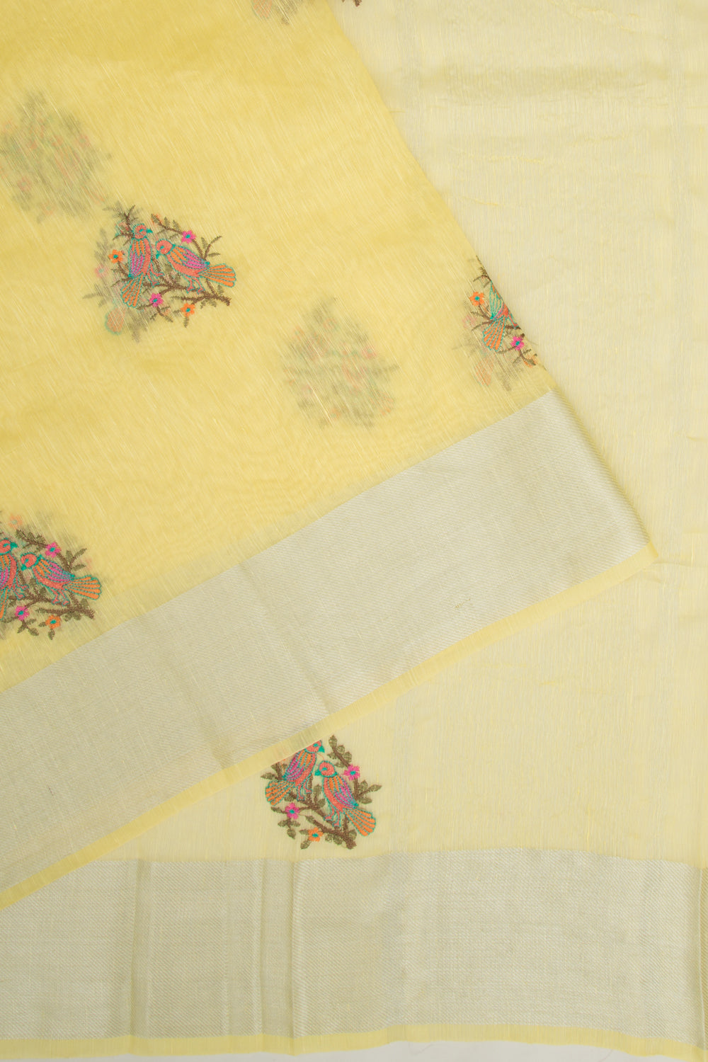 Linen Floral Embroidery Yellow Saree