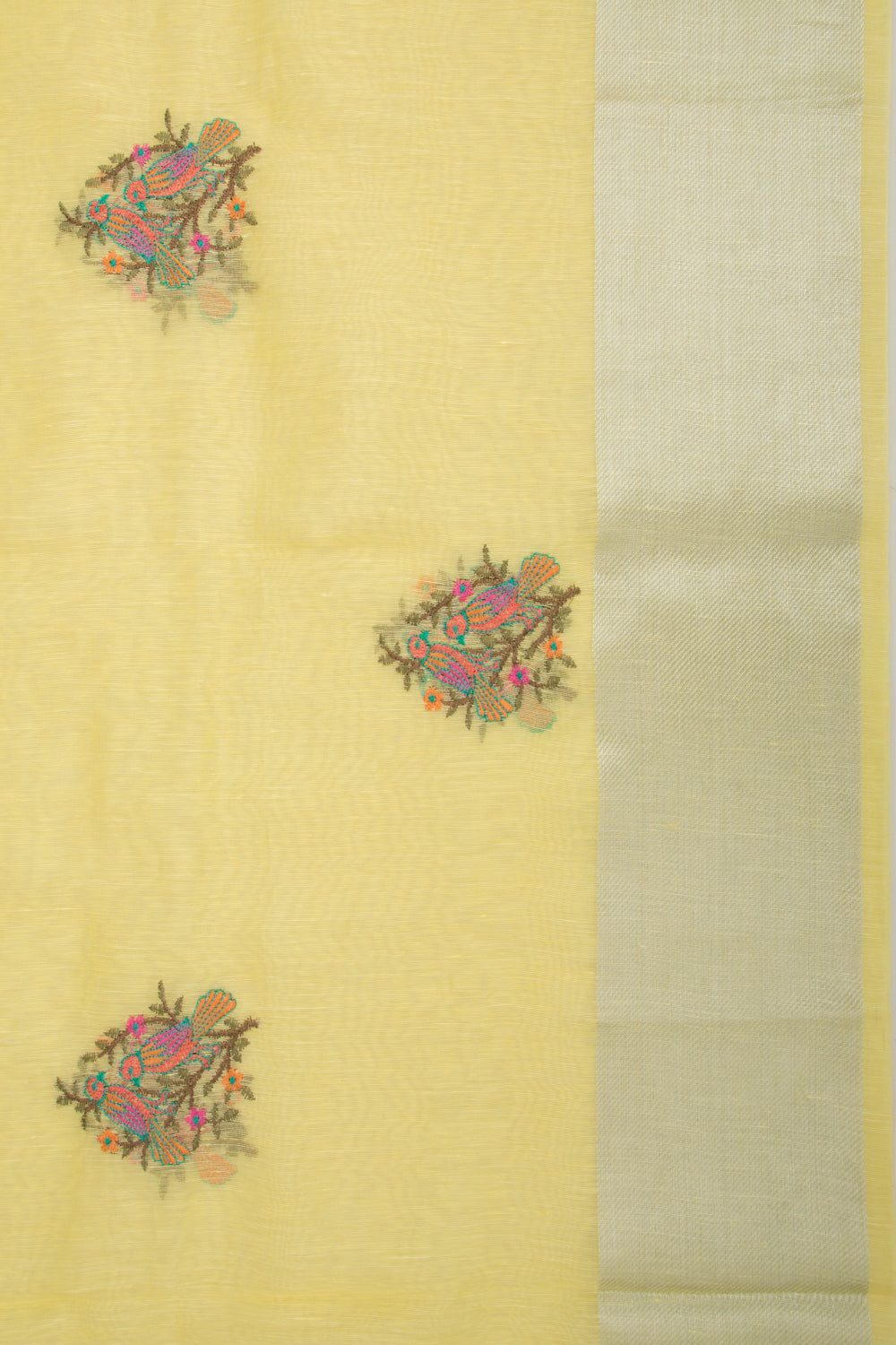 Linen Floral Embroidery Yellow Saree