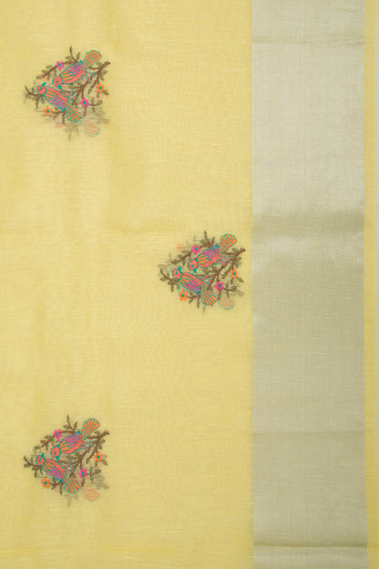Linen Floral Embroidery Yellow Saree