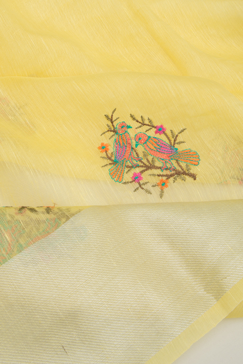 Linen Floral Embroidery Yellow Saree