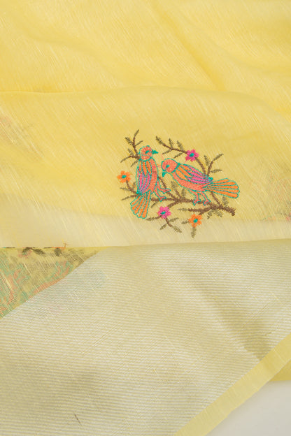 Linen Floral Embroidery Yellow Saree