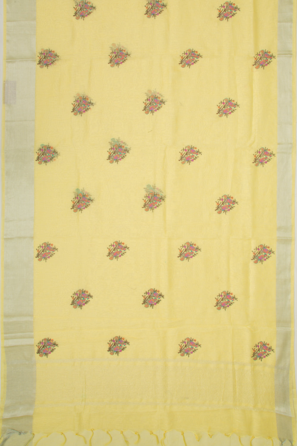 Linen Floral Embroidery Yellow Saree