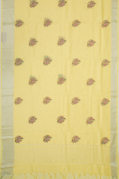 Linen Floral Embroidery Yellow Saree