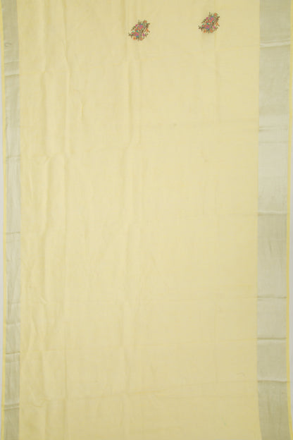 Linen Floral Embroidery Yellow Saree