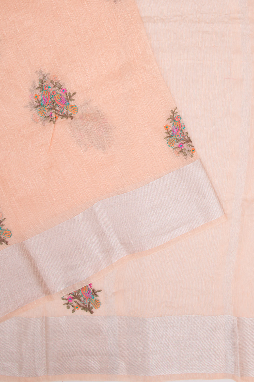 Linen Floral Embroidery Pastel Orange Saree