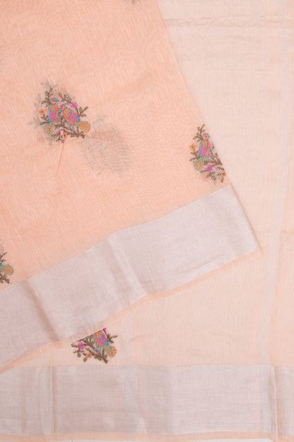Linen Floral Embroidery Pastel Orange Saree