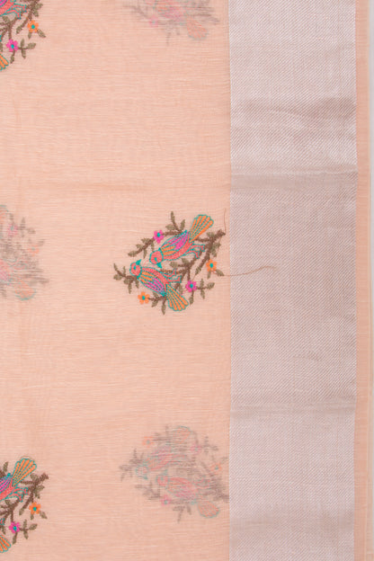 Linen Floral Embroidery Pastel Orange Saree