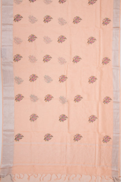 Linen Floral Embroidery Pastel Orange Saree