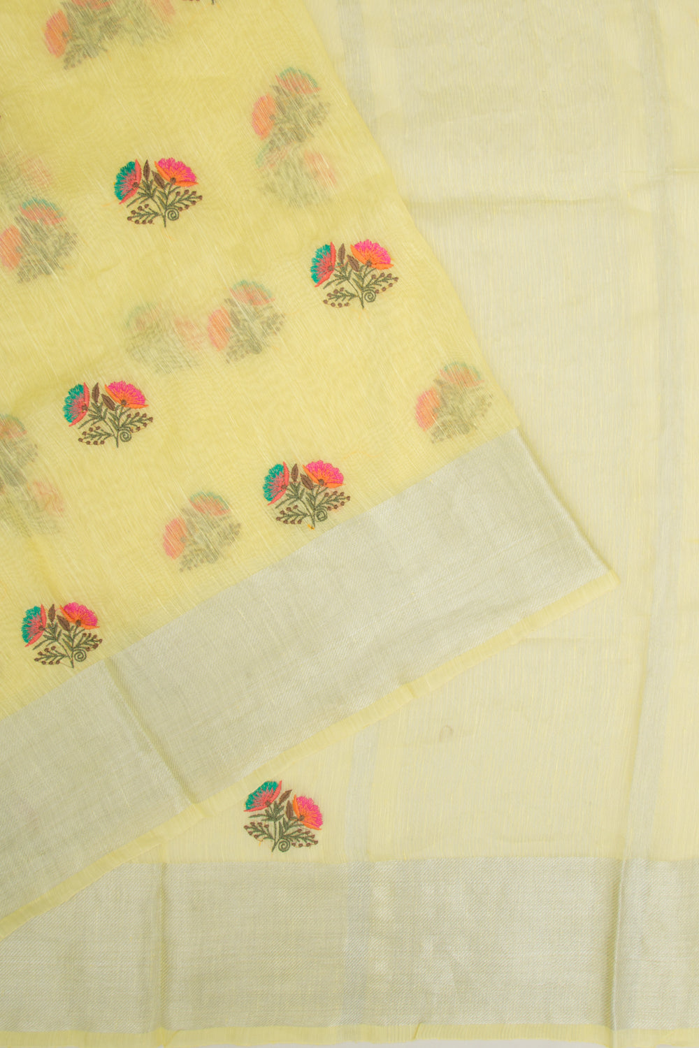 Linen Floral Embroidery Yellow Saree