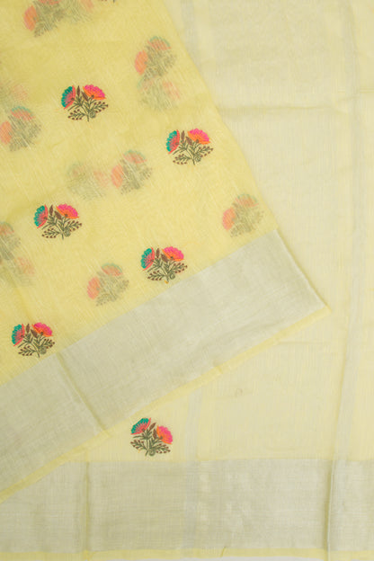 Linen Floral Embroidery Yellow Saree