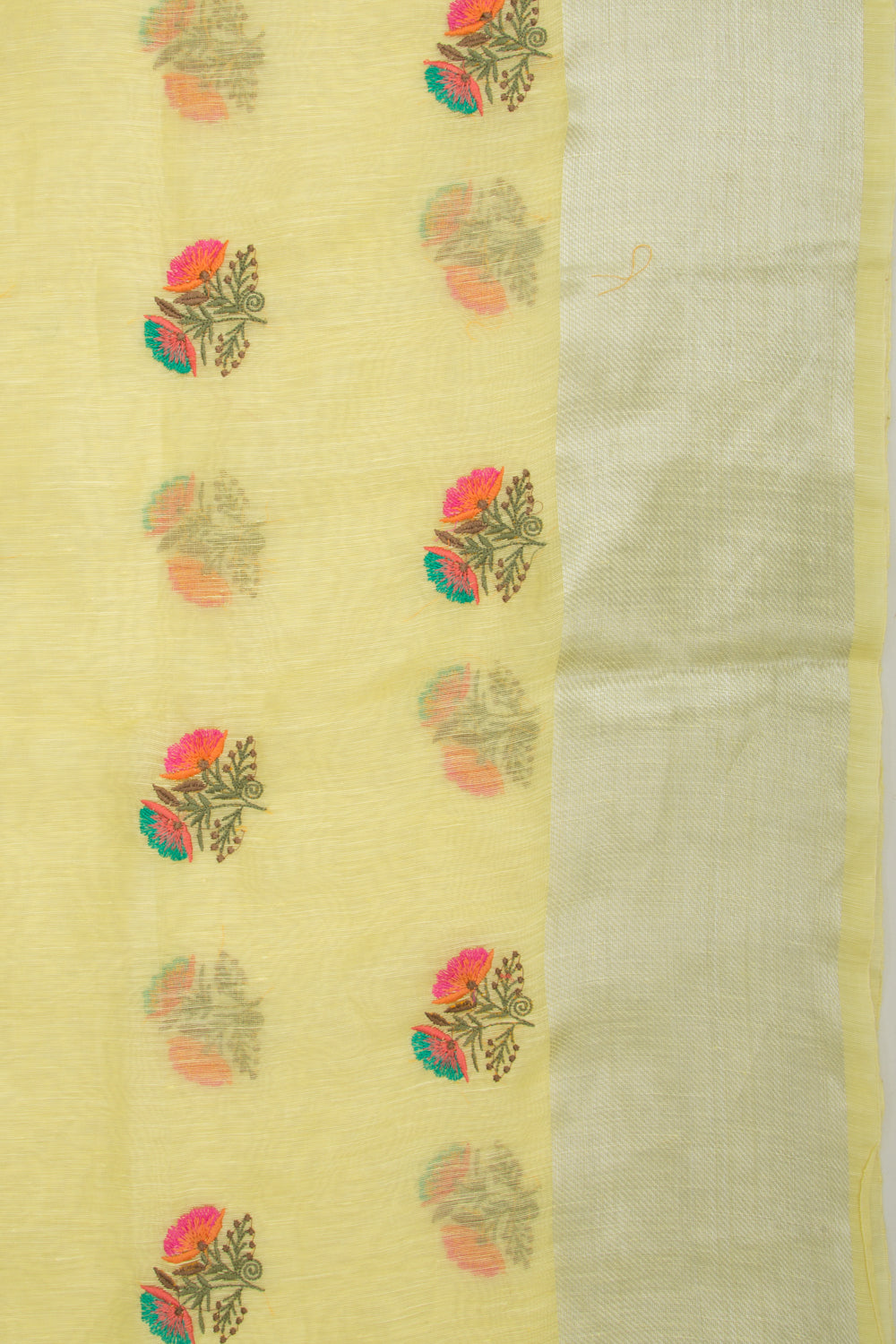 Linen Floral Embroidery Yellow Saree