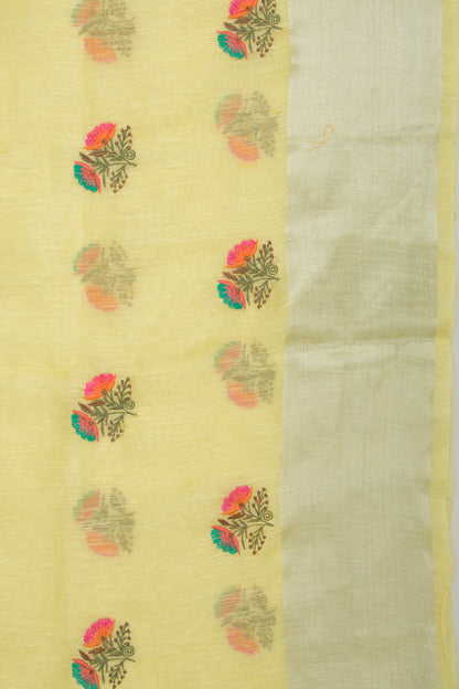 Linen Floral Embroidery Yellow Saree