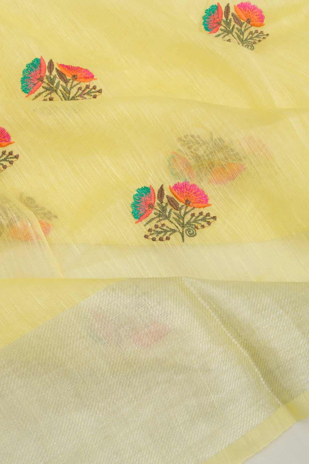 Linen Floral Embroidery Yellow Saree