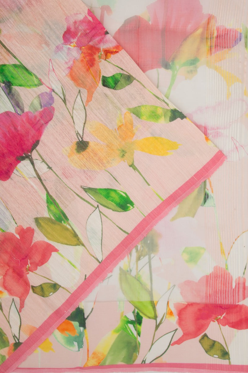 Linen Floral Printed Pink Saree