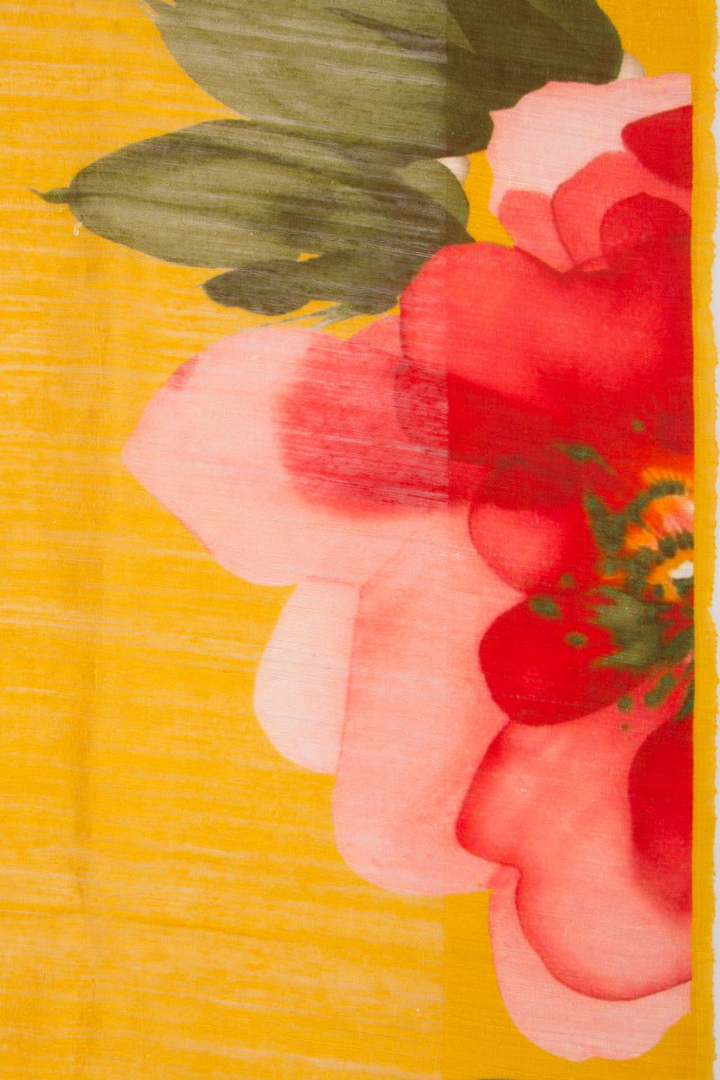 Linen Floral Printed Mustard Yellow Saree