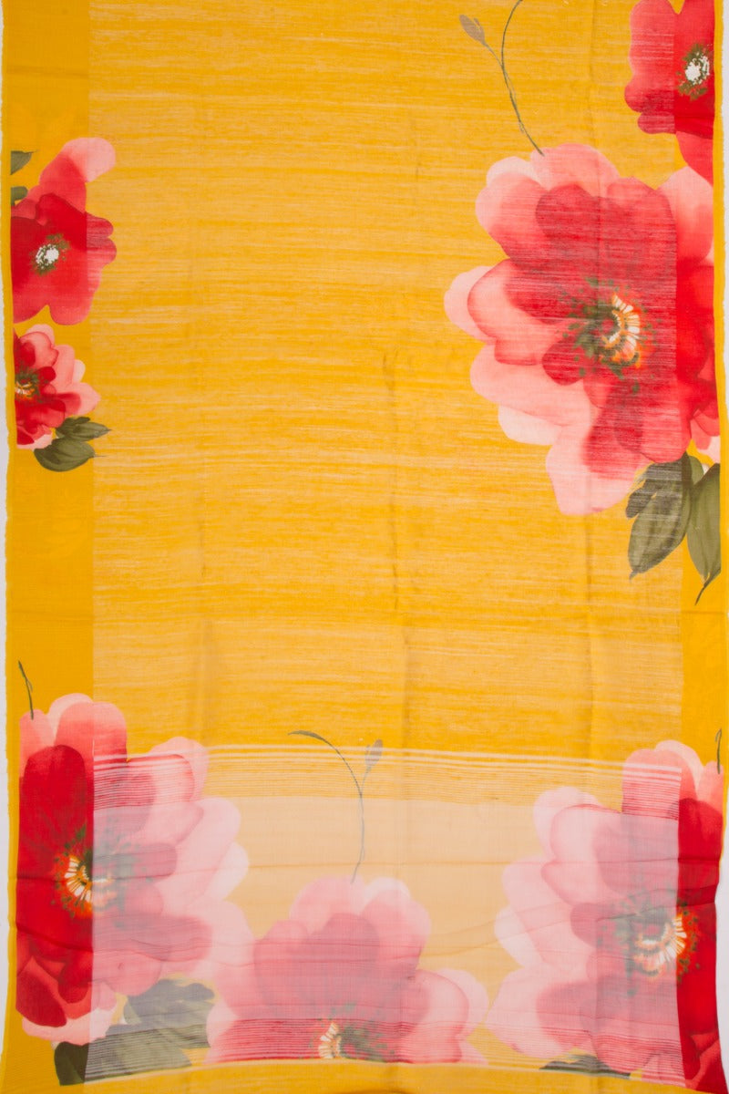 Linen Floral Printed Mustard Yellow Saree
