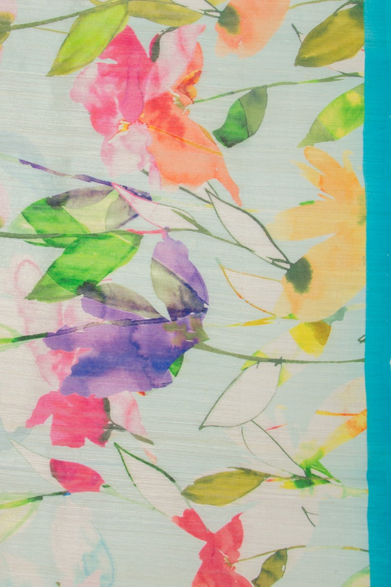 Linen Floral Printed Blue Saree