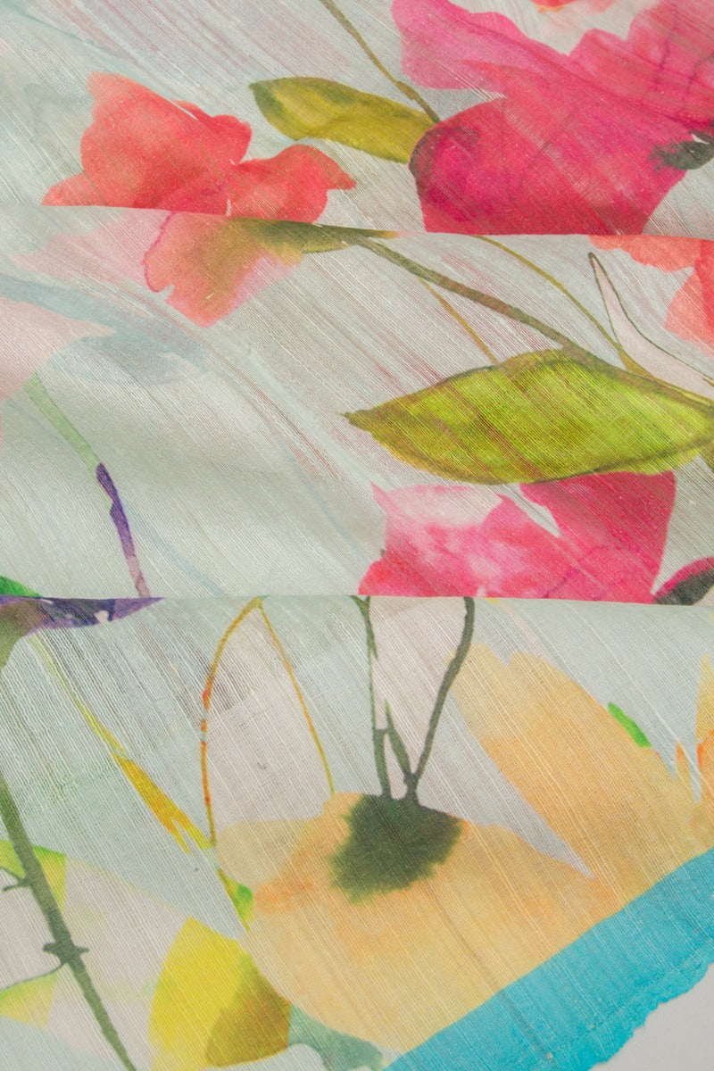 Linen Floral Printed Blue Saree