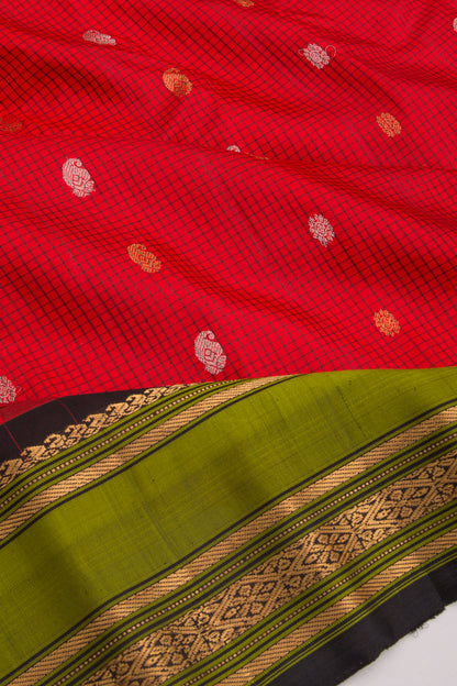 Gadwal Silk Checks And Butta Red Saree