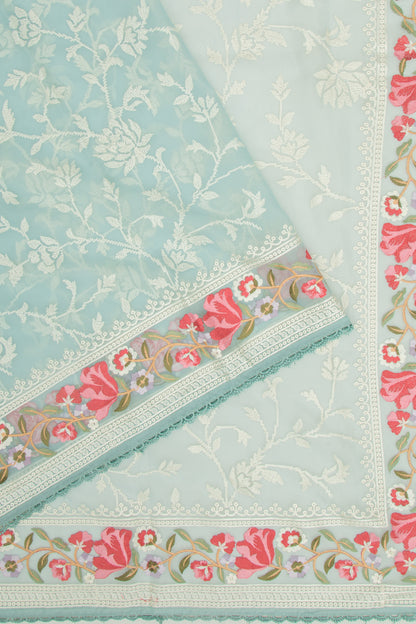 Organza Floral Embroidery Blue Saree