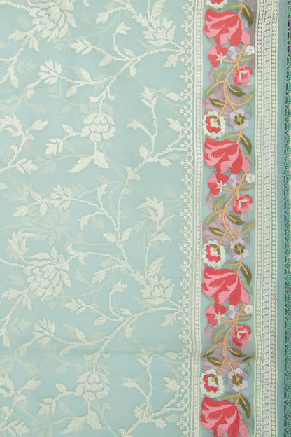 Organza Floral Embroidery Blue Saree