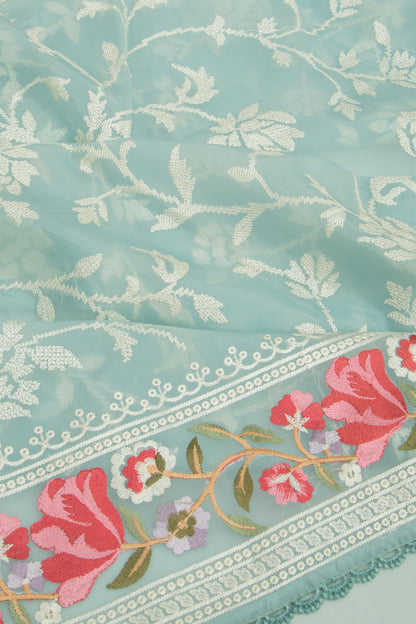 Organza Floral Embroidery Blue Saree