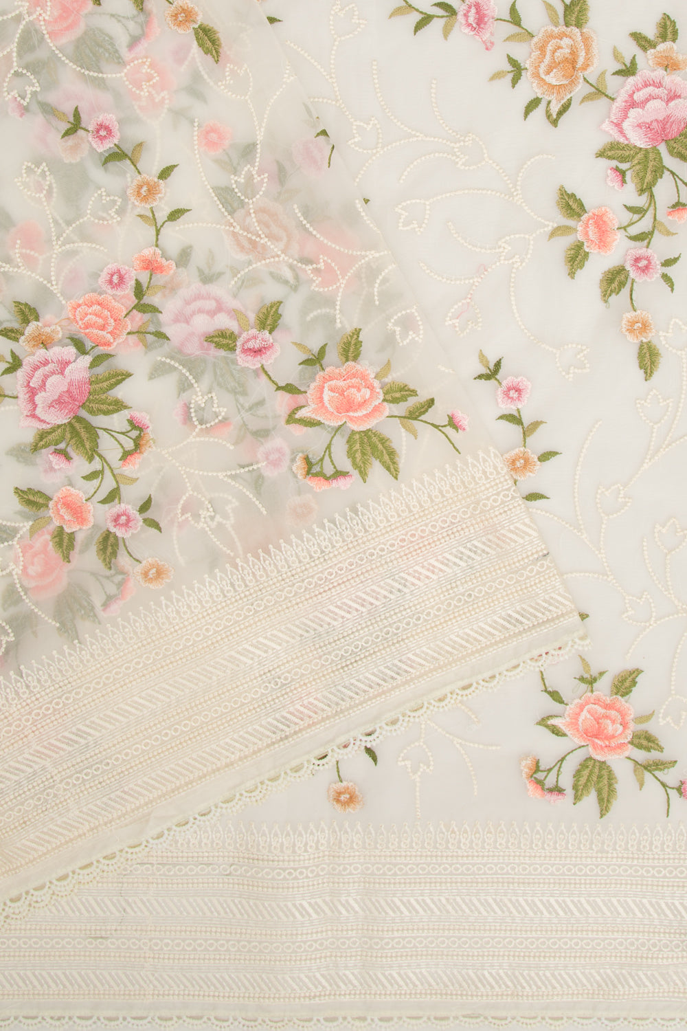 Organza Floral Embroidery Off White Saree