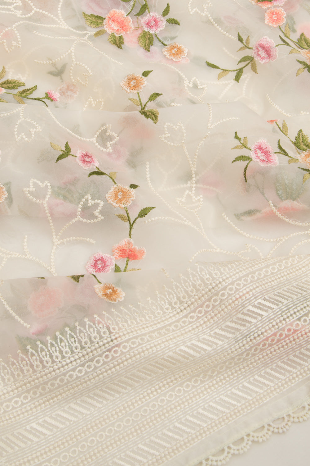 Organza Floral Embroidery Off White Saree